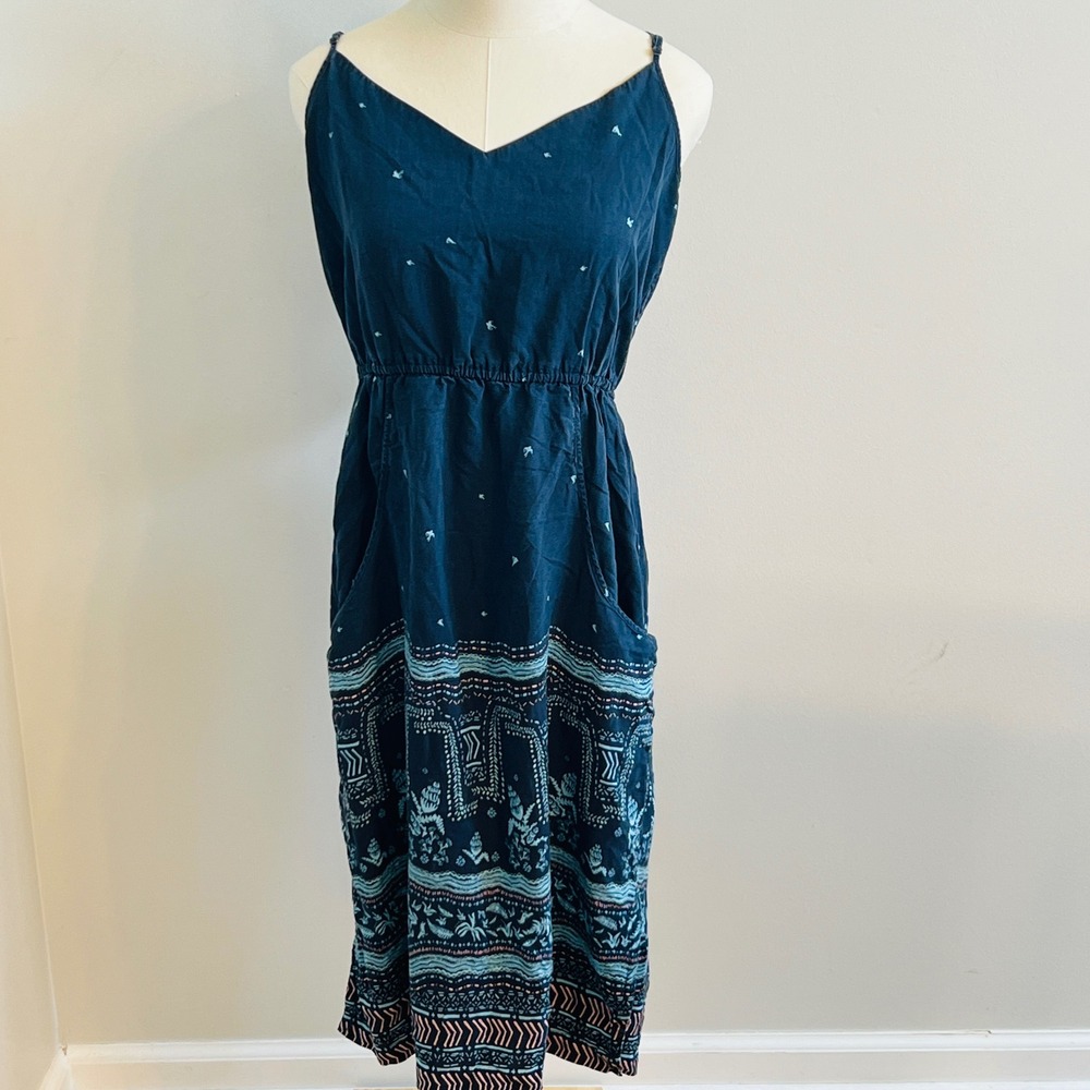 Patagonia Kamala Midi Dress Navy Blue Bird Border Print Tencel 58395 Womens M